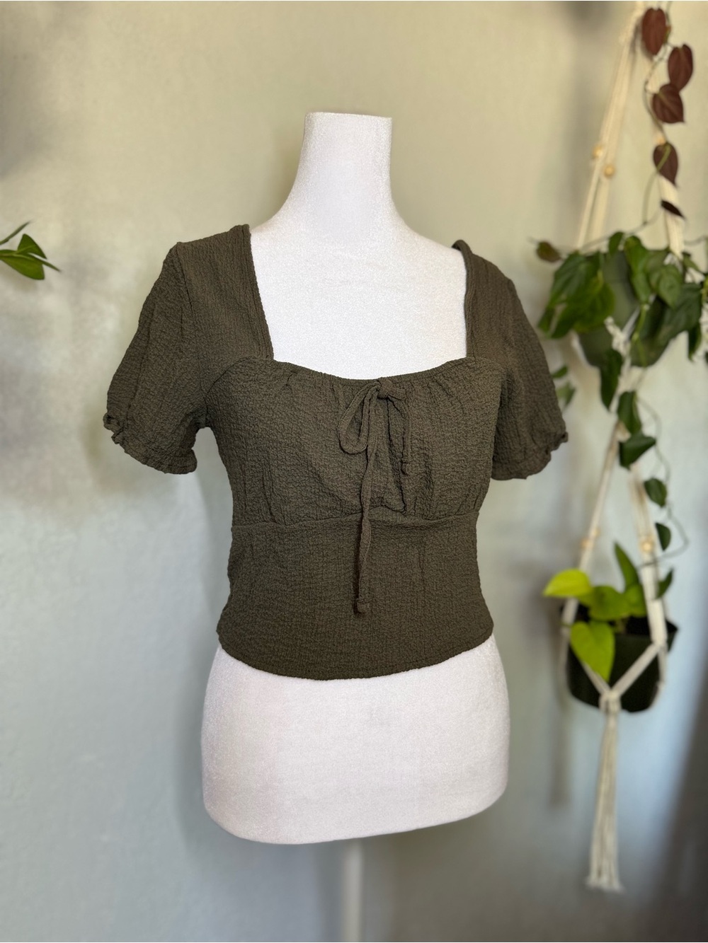 Textured Olive Cropped Tie-Front Top by Love Streak